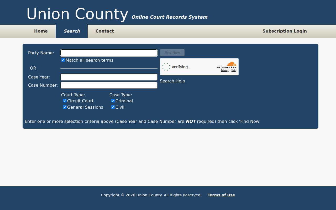 Union County Online Court Records System search form